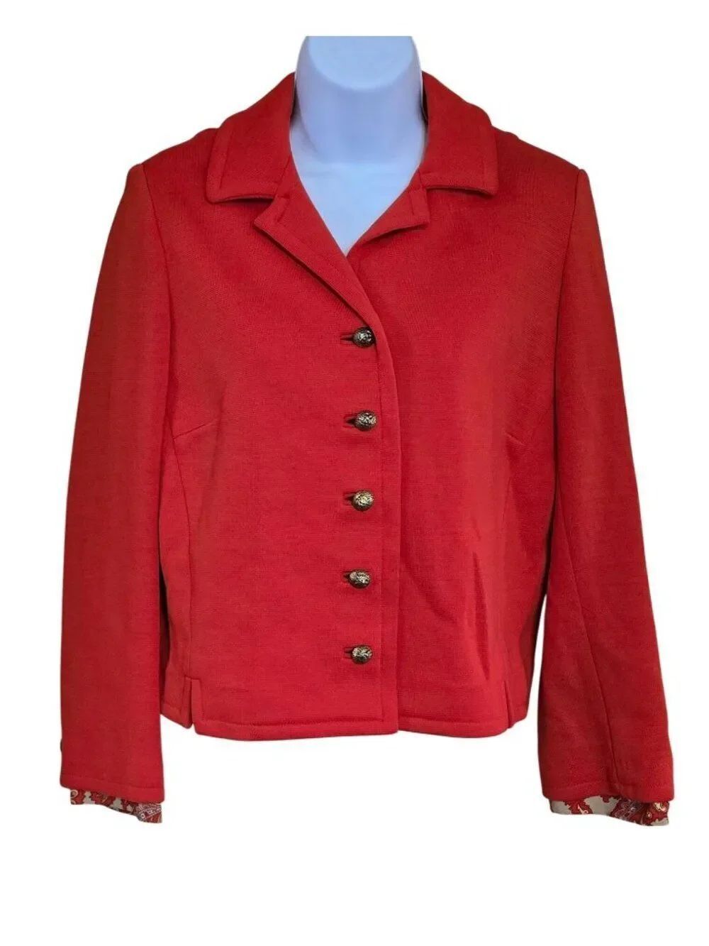 Red Button-Up Wool Jacket With Paisley Cuffs Vintage Chic classic academia boho